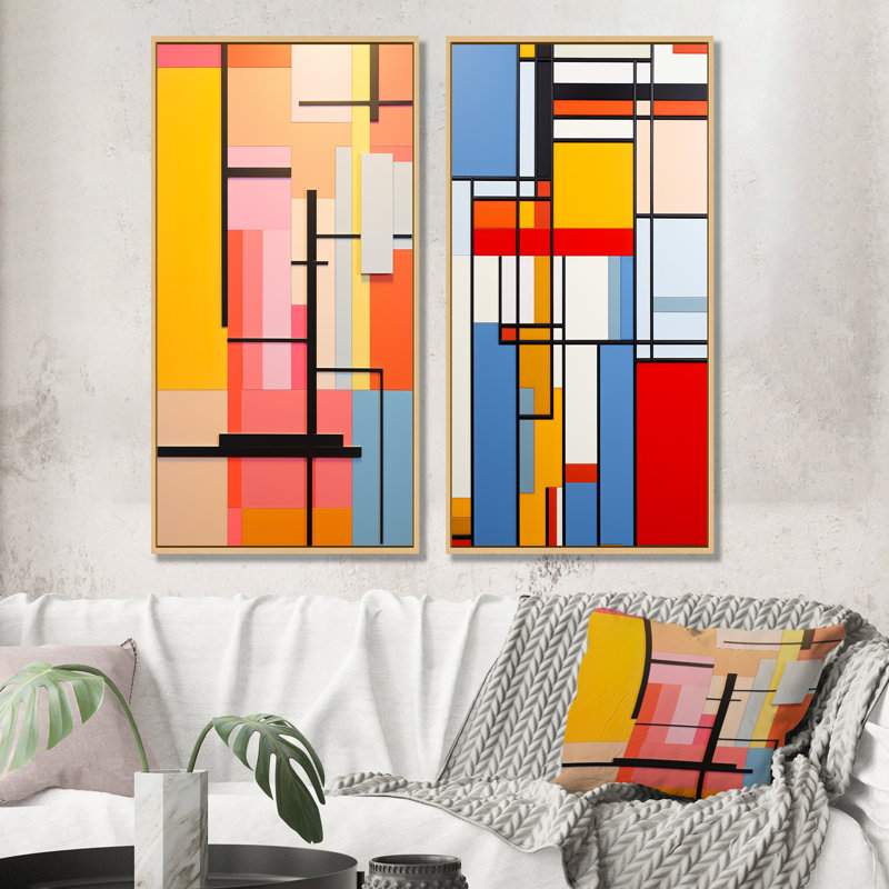 Ensemble de 2 décorations murales géométriques pastel De Stijl, H 32 po x l 33 po, Cadre flottant brun