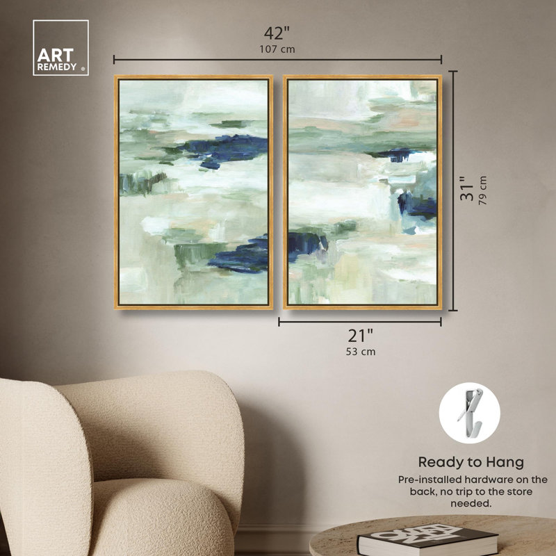 Ensemble artistique « Misty Sea Duo » sur toile, bleu et sauge, par Art Remedy, cadre noir, 10 x 15, H 31 po x l 21 po