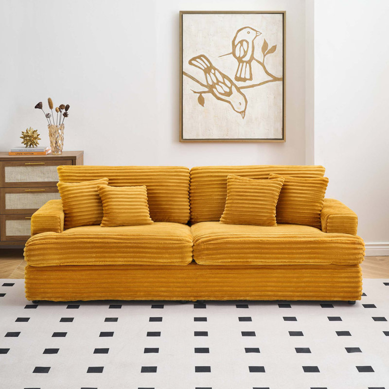 Corduroy Sofa 3 Seater Sofa Couch with 4 Toss Pillows Sleek Design Modern Comfortable for Room, Orange