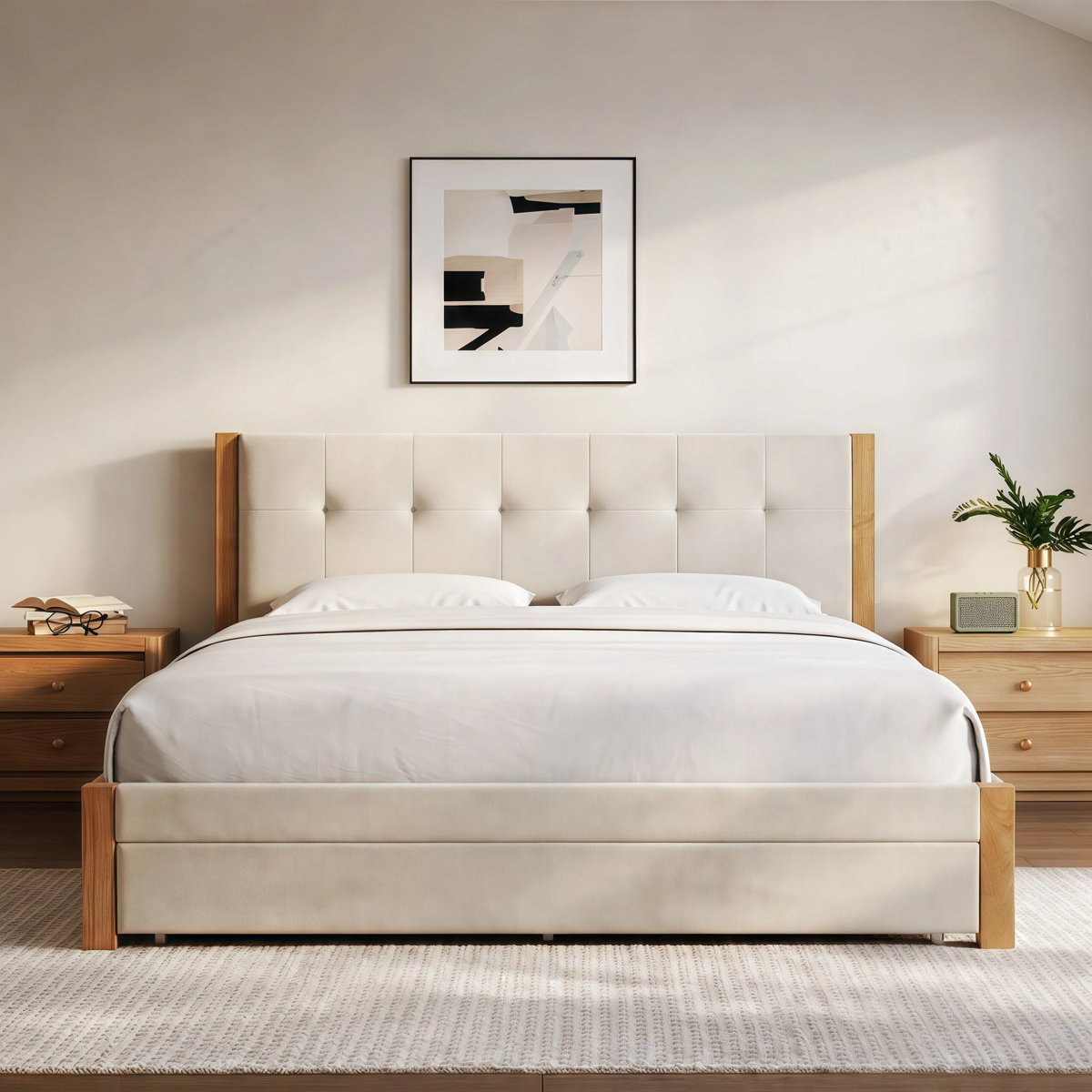 Upholstery Solid Wood Queen Platform Bed with Storage Drawers