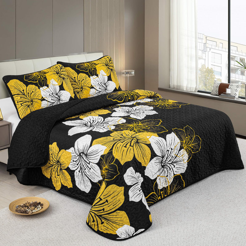 Ensemble de courtepointe à motif floral 3 pièces avec taies décoratives, Courtepointe pour lit grand + deux taies décorati