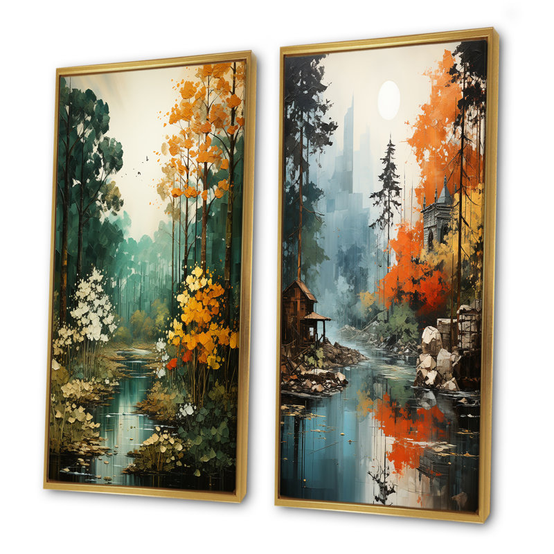 «Autumn Forest Collage», ensemble de 2 reproductions d'art sur toile, Encadrement doré, H 40 po x l 41 po