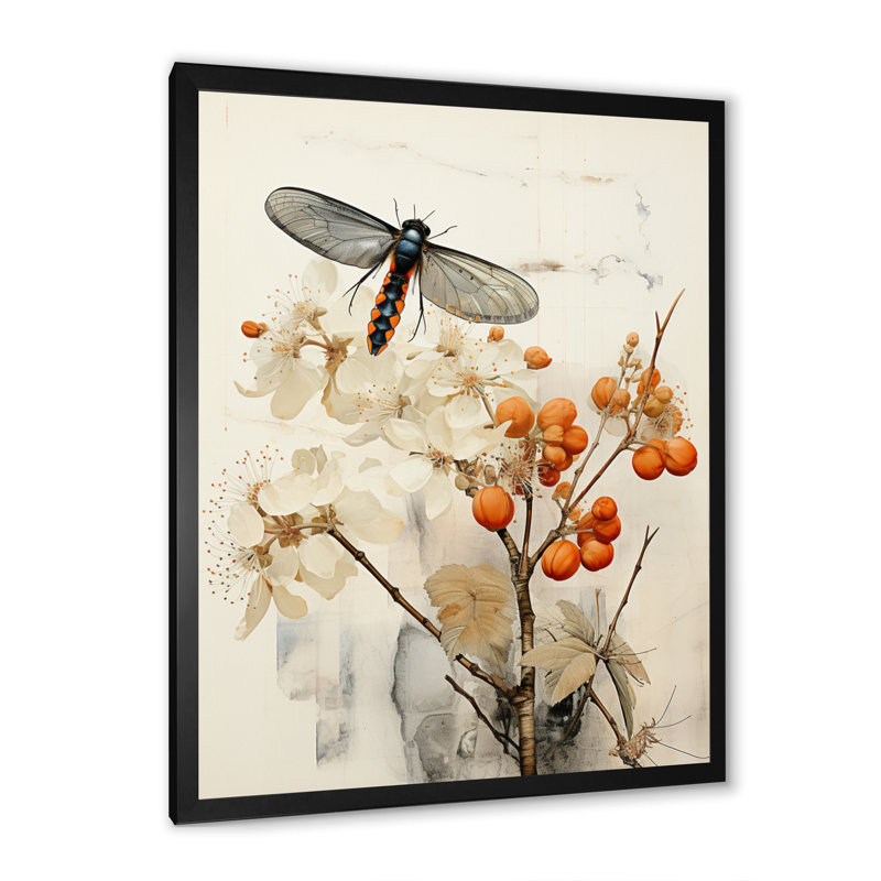 Marfak Asian Art Insectes, corail sur toile, H 32 po x l 16 po x P 1 po, Cadre photo noir