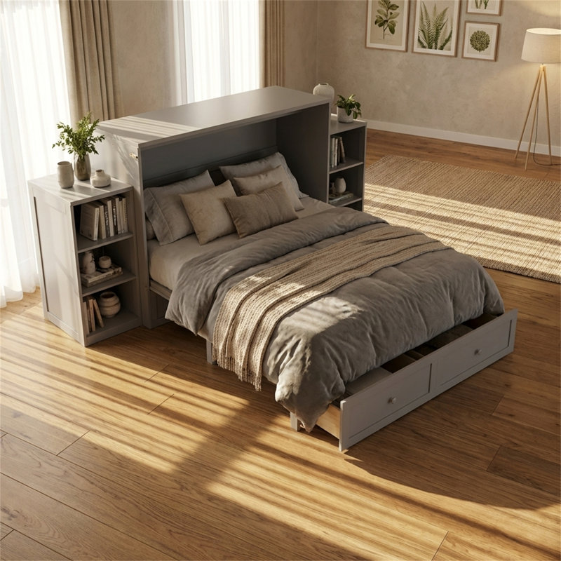 Grand lit escamotable avec tablettes latérales et tiroirs, conception pliante peu encombrante, style minimaliste moderne, gris