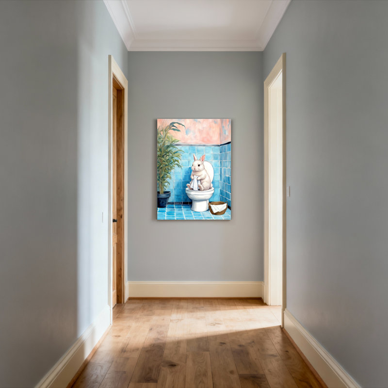 Tableau sur toile « Lapin blanc sur les toilettes » (lot de 1), H 36 po x l 24 po