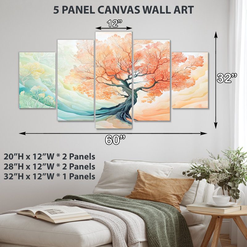 Arbre de vie rose et vert - panneau de décoration murale 5 arbres