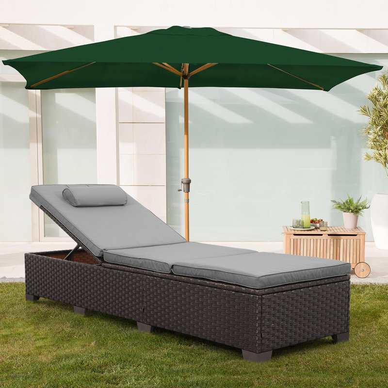 Chaise longue d'extérieur en osier l 26 po x P 79 po avec coussin et appui-tête, Gris