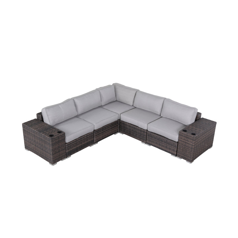 Ensemble de conversation en osier pour 4 personnes avec coussins Arelys, Oléfine grise, Brun