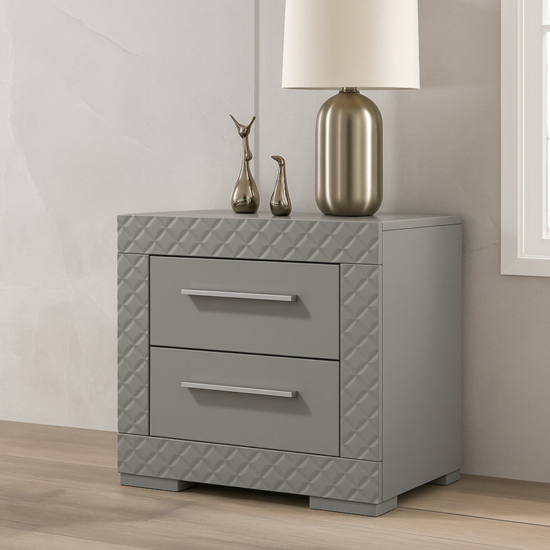 Table de chevet 2 tiroirs en bois avec quincaillerie en métal chromé gris brillant, Gris haute brillance