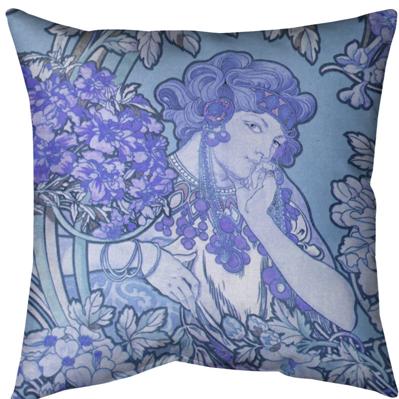 Coussin Alfons Mucha, 14 po x 14 po, Bleu, Faux lin