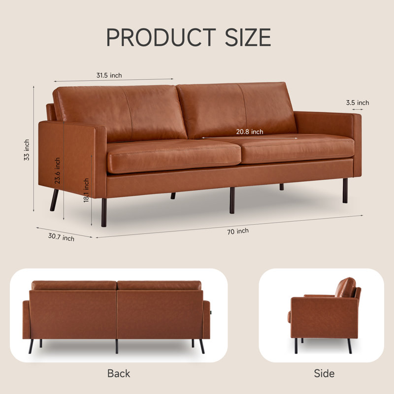 Genuine Leather Square Arm Sofa, Brown, Brown