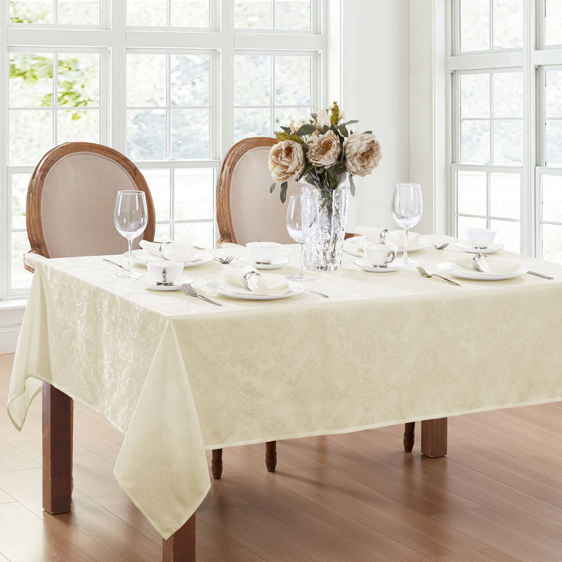 Corson Woven Damask Jacquard Polyester Tablecloth, Ivory, 84" L x 60" W Rectangle