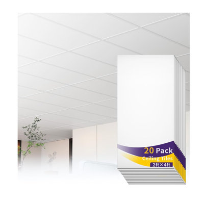 Carreaux de plafond blancs LooYee 2 x 4 pi, 24 x 48 pouces, 12 panneaux de plafond en PVC imperméables, à chute lisse et résistants au feu, réutilisables, idéaux pour la chambre à coucher, le salon, la salle de bain, la salle de bain, la surface commerciale, 96 pieds carrés