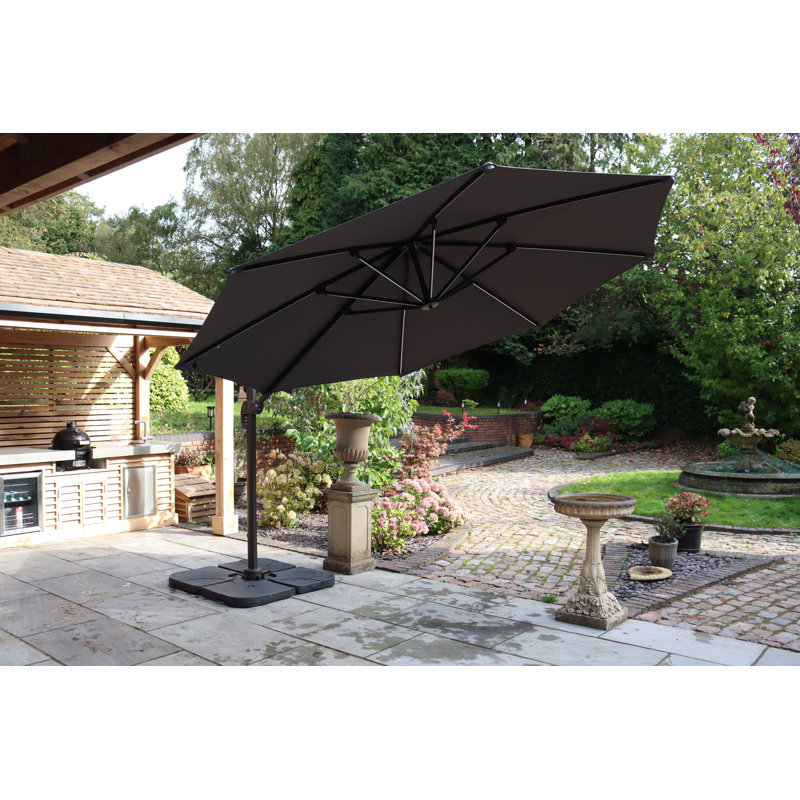 3.5m LED Cantilever Over Hanging Parasol - 56 LED strip lights This parasol is made using Polyester Fabric which has a Weather-Proof Coating & UPF Sun Protection Level 50