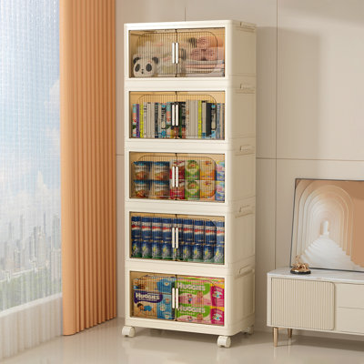Armoire de rangement pliante latérale 19,69 po, 5 niveaux, 19,69 po x 11,81 po x 50,00 po, bacs de rangement pliables avec porte magnétique, armoire de rangement en plastique avec roues, organisateurs de placard et contenants de rangement