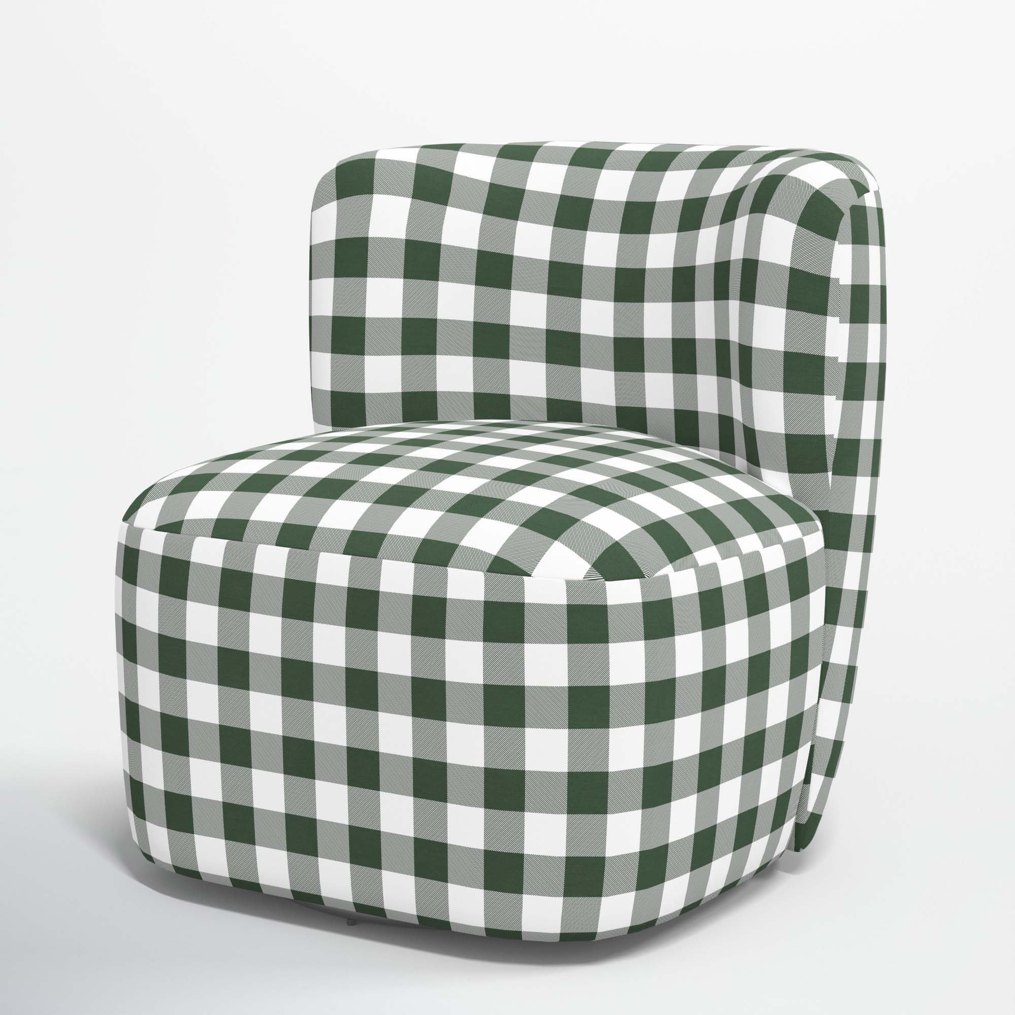 Mariza Upholstered Swivel Slipper Chair, Classic Gingham Evergreen