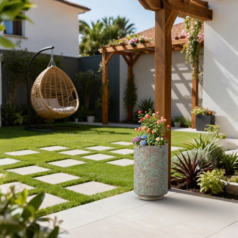 Grande jardinière / pot cylindrique ronde en béton de 16 po H bleu sarcelle (intérieur amélioré) avec trous de drainage pour l'intérieur et l'extérieur