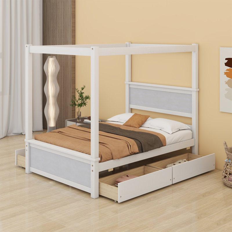 Wood Canopy Bed With Four Drawers And Support Slats