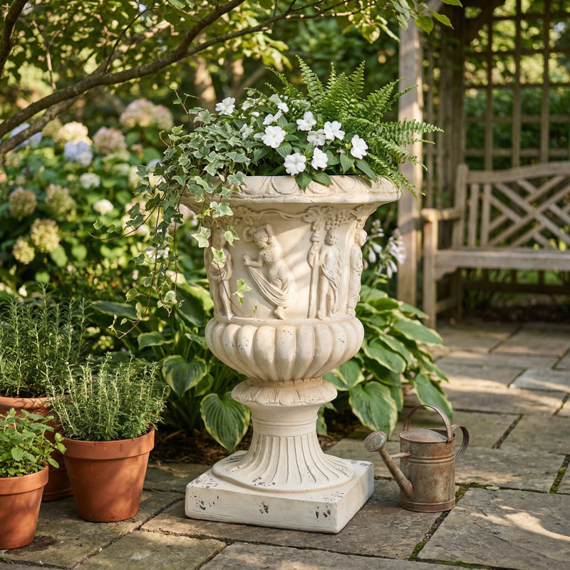 Grande jardinière en forme d'urne de jardin blanche antique avec trou de drainage pour la décoration intérieure et extérieure