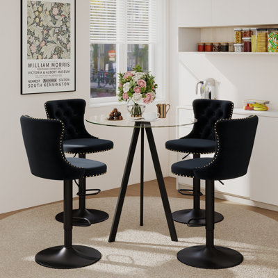 Ensemble de hauteur de bar, table de salle à manger ronde en verre trempé et chaises de salle à manger réglables en velours.