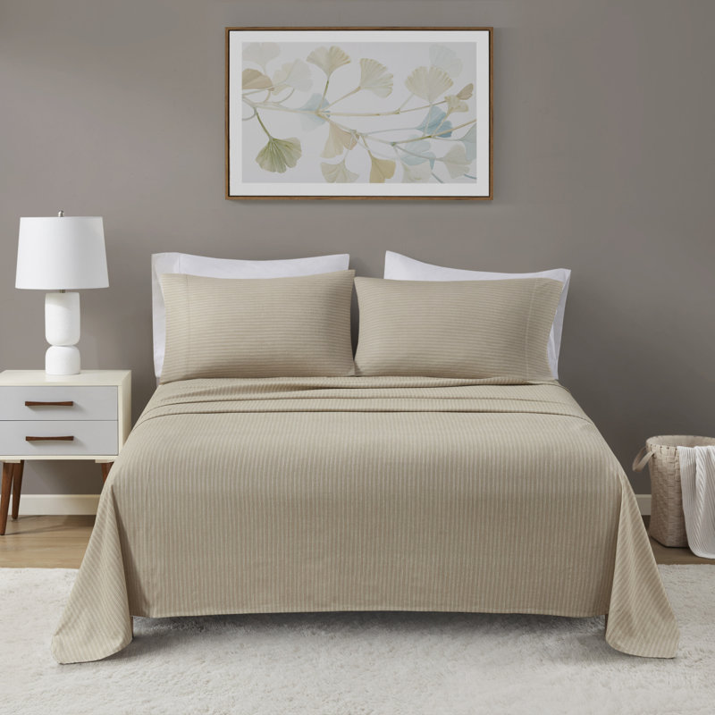4-Piece 100% Cotton Flannel Printed Sheet Set,Beige/White Stripes, Beige Striped, California King Sheet Set