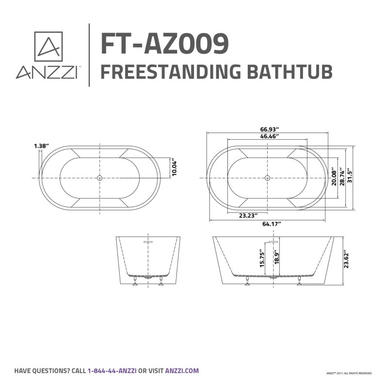 Dover 67" x 27.6" Freestanding Soaking Acrylic Bathtub