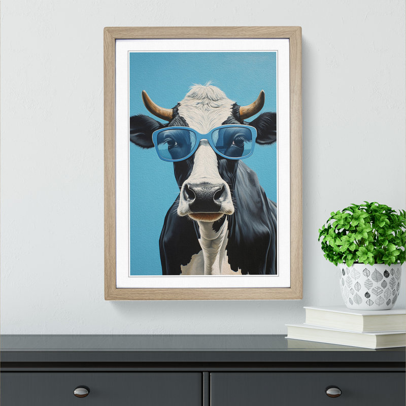 Cow With Glasses No.2 - Single Picture Frame Print on Wood, Oak, 34cm H x 25cm W x 2cm D