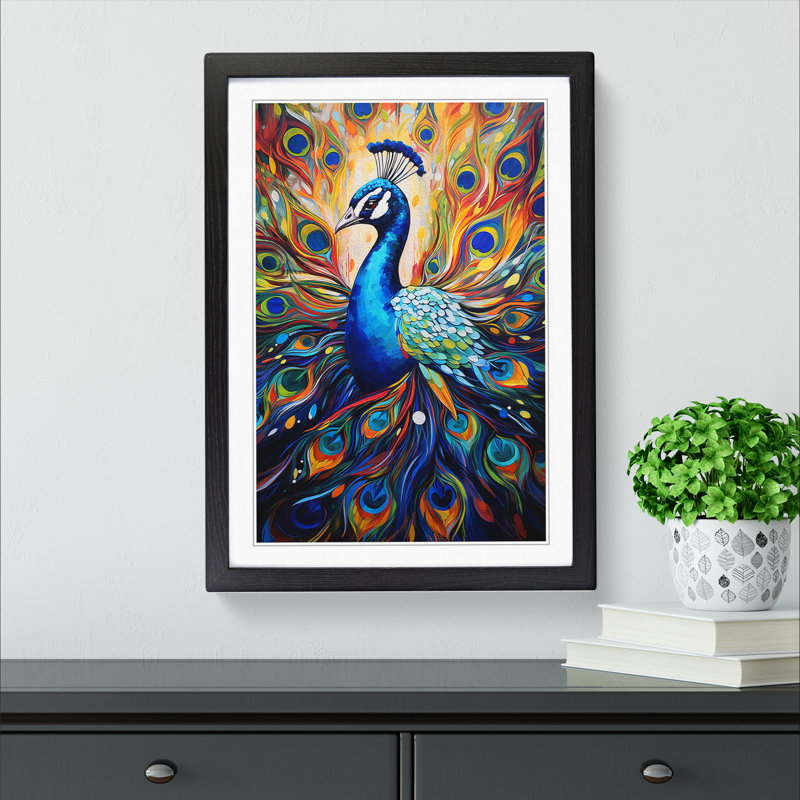Peacock - Single Picture Frame Print on Wood, 34cm H x 25cm W, Black Framed