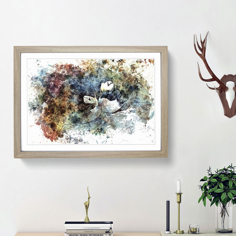 Nesting Atlantic Puffins in Abstract - Framed Print, 27cm H x 36cm W x 2cm D, Oak Framed