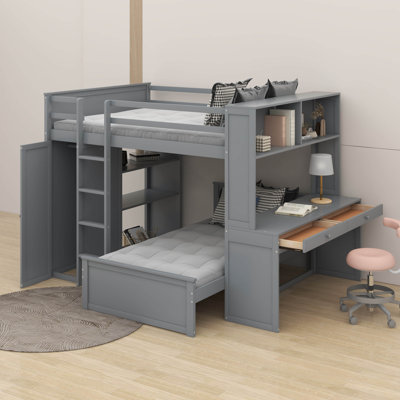 Lit mezzanine double avec lit autonome, bureau et garde-robe