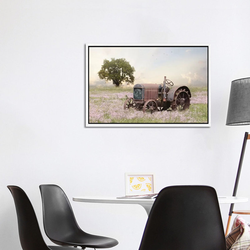 Tractor At Sunset by Lori Deiter - Print on Canvas, 66.04cm H x 101.6cm W x 3.81cm D, White Framed