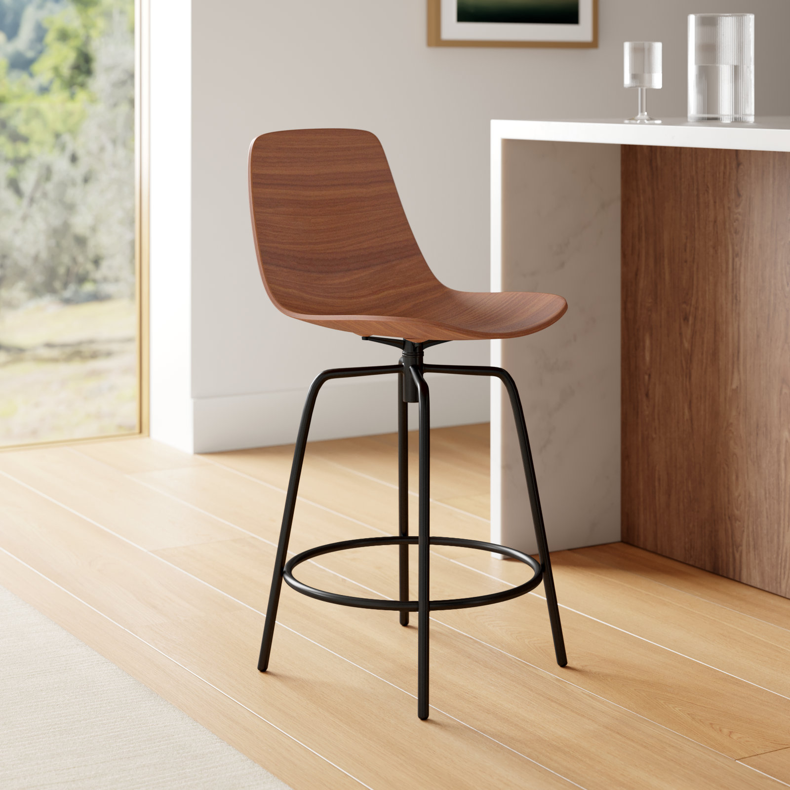 Clean Cut Swivel Stool, Walnut, Counter Stool (24" Seat Height)