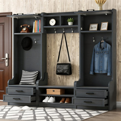 Retro Blue Four-In-One Detachable Coat Rack With 7 Hooks, Drawers, And Storage Cabinet; Also Functions As A Shoe Bench, Suitable For Entryways And Hallways.