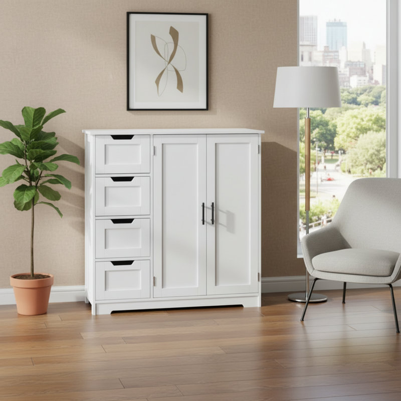 Armoire de rangement blanche multi-espaces en bois avec 4 tiroirs et 1 porte, idéale pour les salles de bain, les salons et les entrées.
