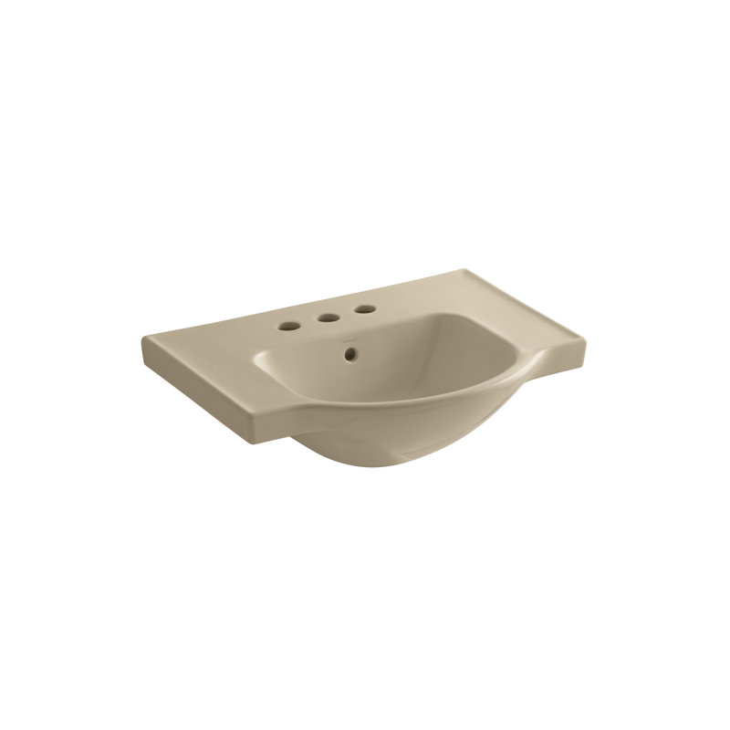 Veer Ceramic Pedestal Bathroom Sink with Overflow, Mexican Sand, 7.99" H x 24" L x 18.25" W, 4" Centers