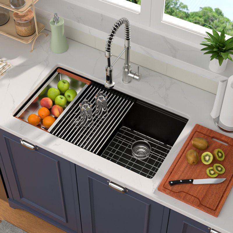 33"L*19"W*9.65"H Quartz Kitchen Sink Undermount Double Bowl Sink Workstation Low-divider Sink with Accessories, Matte Black