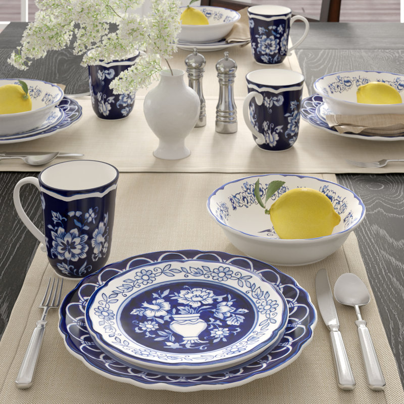 Shana Blue Garden 16 Piece Hand-painted Dinnerware Set