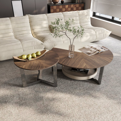 Tables gigognes rondes modernes 35,43 po avec plateau en cuir noyer et selle et bases en acier inoxydable, ensemble de tables basses, ensemble complet
