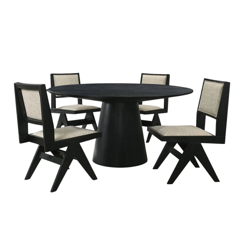 Ensemble de salle à manger 5 pièces rond en bois avec siège rembourré gris clair et noir