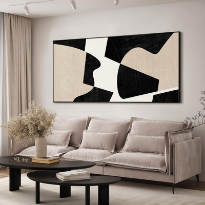 Geometric Abstract Modern Black and Beige Shapes Living Room Large Framed Wall Art Print Home Decor (Frame Assembly Required)