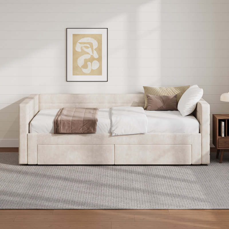 Structure de lit de jour extensible rembourrée pour lit simple avec lit gigogne, canapé lit simple en tissu chenille avec tiroirs de rangement