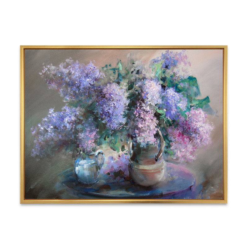 Nature morte avec des lilas - œuvre d'art traditionnelle sur toile, H 24 po x l 36 po x P 1 po, Toile avec cadre flottant or