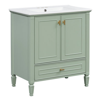 Meuble-lavabo de 30 po avec lavabo, meuble-lavabo autoportant avec 1 tiroir et 2 portes à fermeture en douceur avec rangement pour porte, structure et pieds en bois massif, un paquet