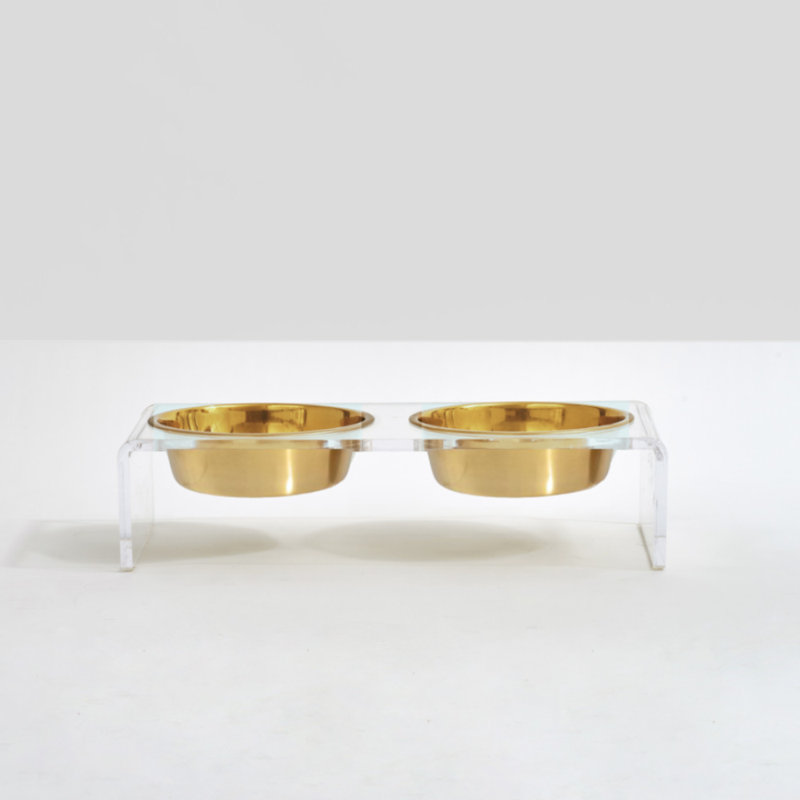 Small Clear Elevated Feeder with Gold Bowls, 3.5 cups, Gold