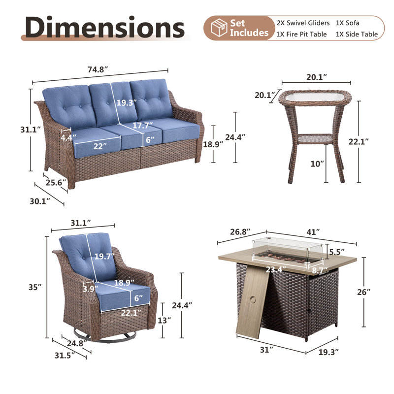 Ensemble de conversation d'extérieur en osier avec coussins de 6 po et foyer Acton, Bleu