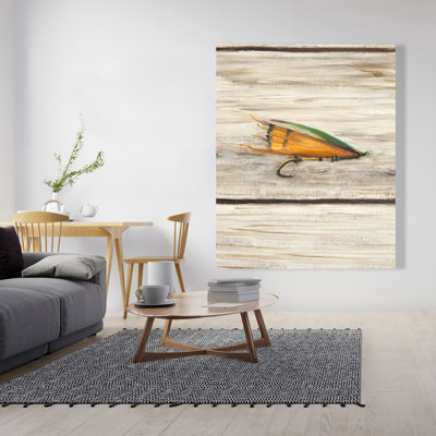 Pêche à la mouche sur fond de bois - décor de toile orange marine