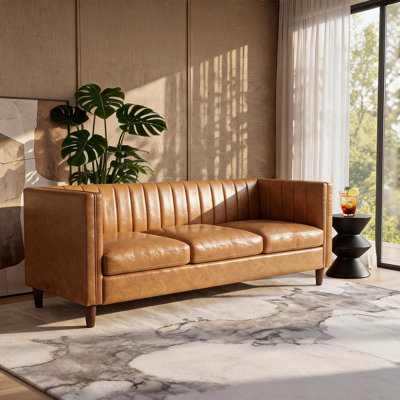Mid‑Century Modern PU Leather Sofa, 81.1 Inch Upholstered Couch with Sturdy Wood Frame, Tufted Back Sofa for Living Room, Office, Lounge Room,3 Seat Couch for Office, Apartment, Simple Assembly