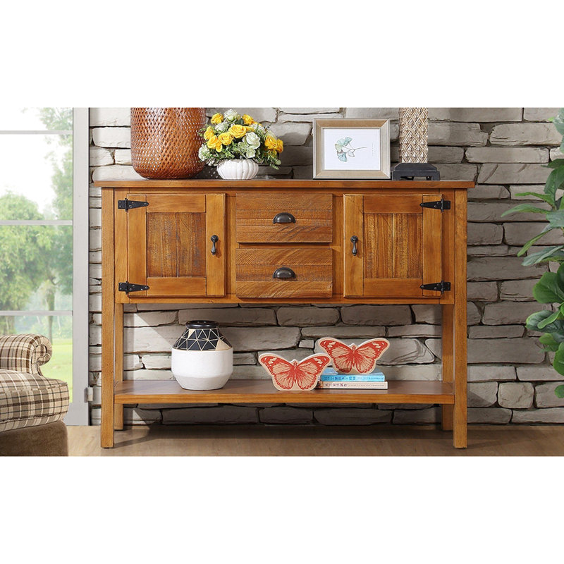 Console rétro 48 po en bois massif, 2 tiroirs et armoires, facile à assembler - table en bois brun, 48 po, utilisation polyvalente, pour la maison
