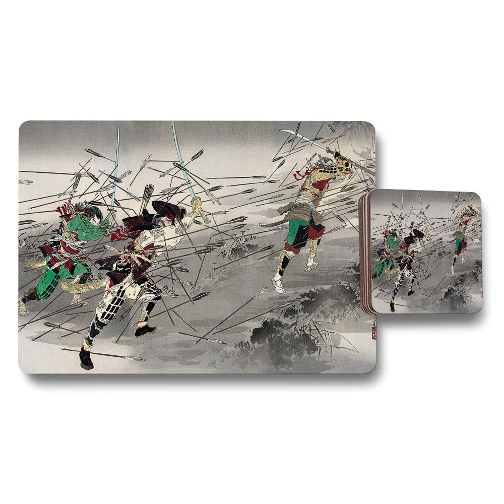 Placemat And Coaster Set With Samurai Battle Scene Artwork