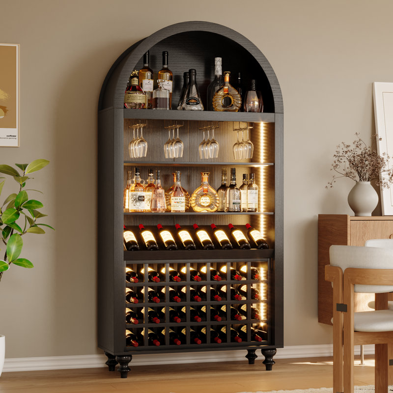 71" Arched Wine Bar Cabinet with Glass Holders & Solid Wood Wine Rack, Black